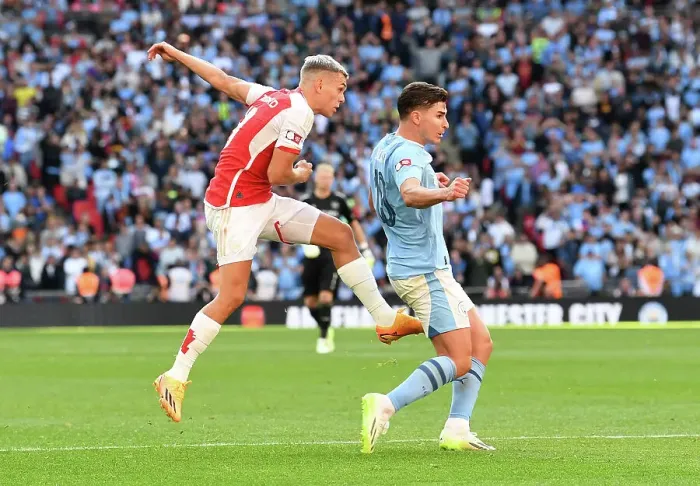 Framed Print : Arsenal's Trossard Scores Dramatic Goal in FA Community Shield Clash Against Manchester City Framed Print : Arsenal's Trossard Scores Dramatic Goal in FA Community Shield Clash Against Manchester City
