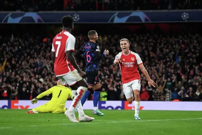 Framed Print : Arsenal's Trossard Scores First Goal: Arsenal FC vs Sevilla FC, UEFA Champions League 2023 / 24