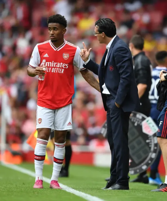 Framed Print : Arsenal's Unai Emery Coaches Reiss Nelson During Emirates Cup Match Against Olympique Lyonnais (2019)