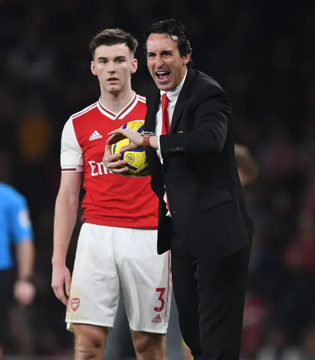 Framed Print : Arsenal's Unai Emery and Kieran Tierney During Arsenal vs Southampton Premier League Match, 2019