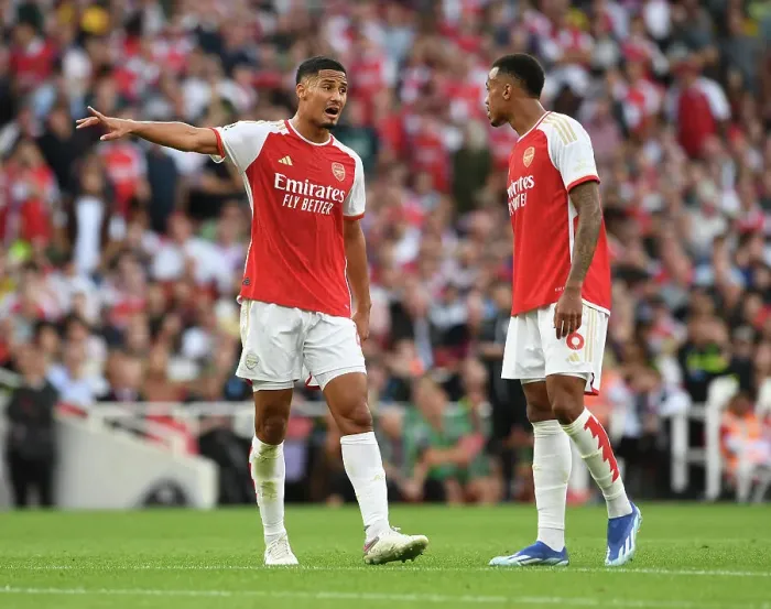 Framed Print : Arsenal's Unbeatable Duo: Saliba and Magalhaes in Action against Manchester City (2023-24) Framed Print : Arsenal's Unbeatable Duo: Saliba and Magalhaes in Action against Manchester City (2023-24)