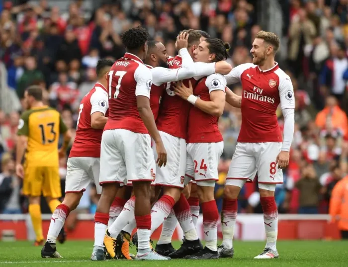 Framed Print : Arsenal's Unforgettable Five-Some: Monreal, Lacazette, Ramsey, Mustafi, Bellerin Celebrate Goal vs. Brighton & Hove Albion (2017-18) Framed Print : Arsenal's Unforgettable Five-Some: Monreal, Lacazette, Ramsey, Mustafi, Bellerin Celebrate Goal vs. Brighton & Hove Albion (2017-18)