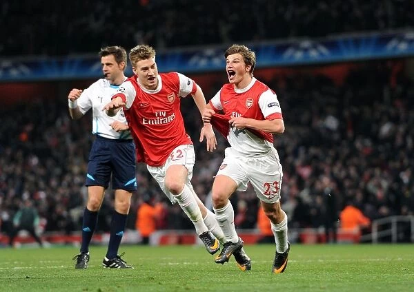Arsenal's Unforgettable Goal: Arshavin and Bendtner's Euphoric Celebration vs. Barcelona (2:1, Champions League)