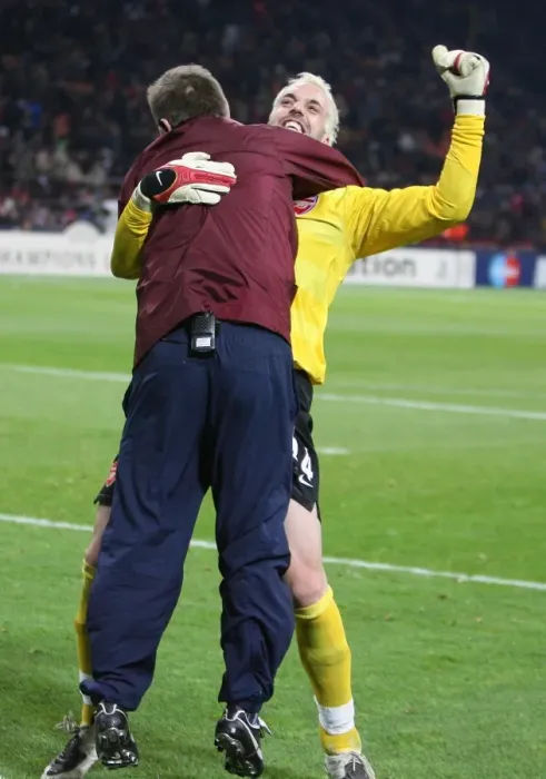 Framed Print : Arsenal's Unforgettable Moment: Manuel Almunia and Gary Lewin Celebrate 2-0 Lead Over AC Milan in Champions League Framed Print : Arsenal's Unforgettable Moment: Manuel Almunia and Gary Lewin Celebrate 2-0 Lead Over AC Milan in Champions League