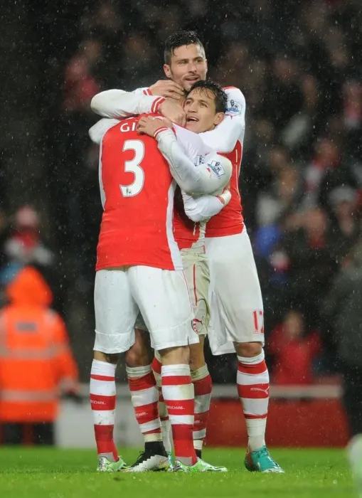 Framed Print : Arsenal's Unforgettable Triumph: Sanchez, Cazorla, and Giroud's Goal Celebration (2014-15)