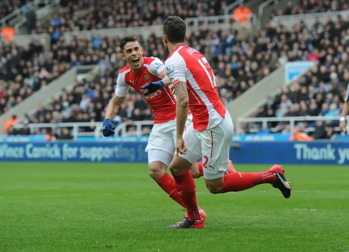 Framed Print : Arsenal's Unforgettable Victory: Giroud and Gabriel's Jubilant Moment (2015)