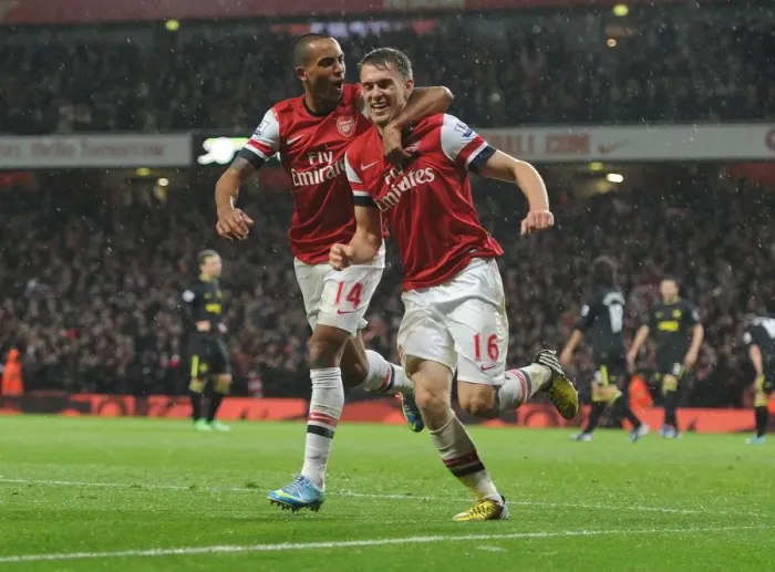 Framed Print : Arsenal's Unforgettable Victory: Ramsey and Walcott's Goal Celebration (2012-13)