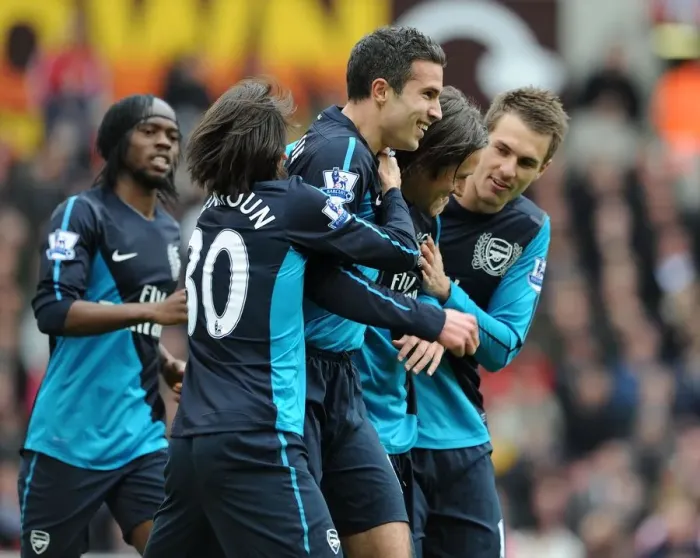 Framed Print : Arsenal's Unforgettable Victory: Van Persie, Benayoun, Rosicky, and Ramsey's Goal Celebration (2012) - The Unstoppable Quartet Framed Print : Arsenal's Unforgettable Victory: Van Persie, Benayoun, Rosicky, and Ramsey's Goal Celebration (2012) - The Unstoppable Quartet