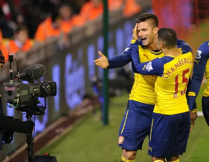 Framed Print : Arsenal's Unstoppable Duo: Giroud and Oxlade-Chamberlain in Glory: Celebrating Goals Against Liverpool (2014 / 15) Framed Print : Arsenal's Unstoppable Duo: Giroud and Oxlade-Chamberlain in Glory: Celebrating Goals Against Liverpool (2014 / 15)