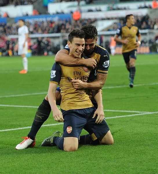 Arsenal's Unstoppable Duo: Koscielny and Giroud Celebrate Victory Over Swansea City (2015-16)