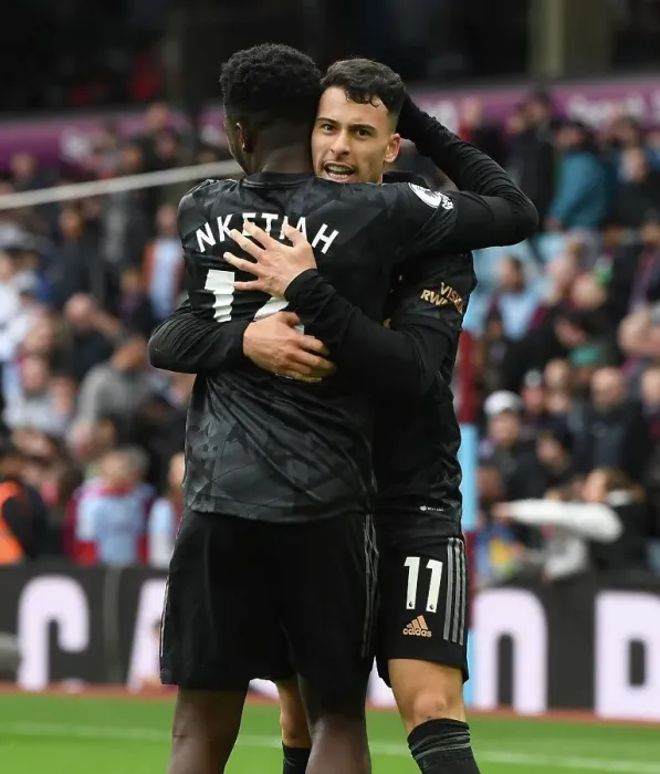 Framed Print : Arsenal's Unstoppable Duo: Martinelli and Nketiah Celebrate Four-Goal Lead Against Aston Villa (2022-23) Framed Print : Arsenal's Unstoppable Duo: Martinelli and Nketiah Celebrate Four-Goal Lead Against Aston Villa (2022-23)