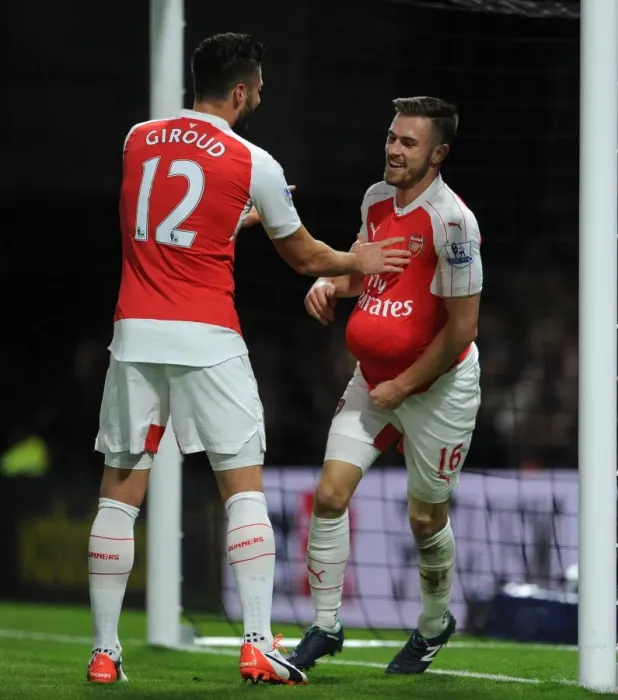 Framed Print : Arsenal's Unstoppable Duo: Ramsey and Giroud Celebrate Goals Against Watford (2015 / 16)