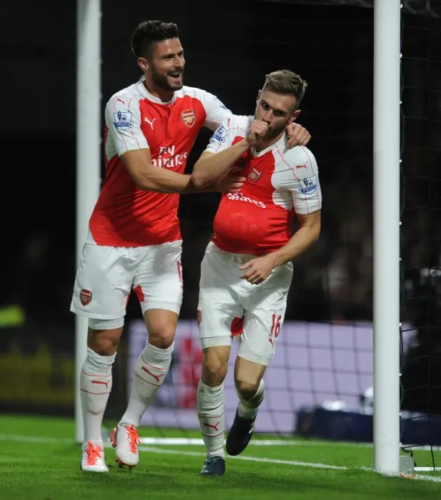 Framed Print : Arsenal's Unstoppable Duo: Ramsey and Giroud's Triumphant Goal Celebration vs. Watford (2015 / 16)