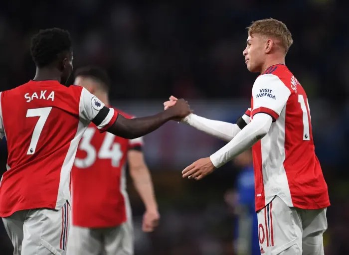 Framed Print : Arsenal's Unstoppable Duo: Smith Rowe and Saka Celebrate Premier League Victory over Chelsea