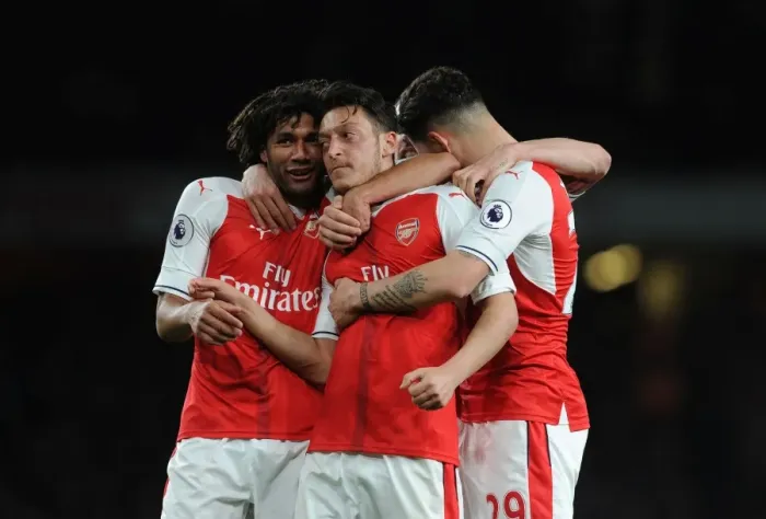 Framed Print : Arsenal's Unstoppable Partnership: Ozil and Elneny Celebrate Goal vs. West Ham United, 2016-17