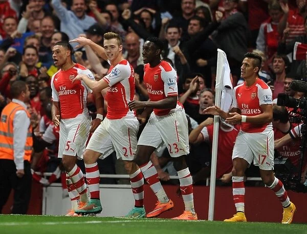 Arsenal's Unstoppable Quartet: Oxlade-Chamberlain, Welbeck, Chambers, Sanchez Celebrate Goal vs. Tottenham (2014-15)