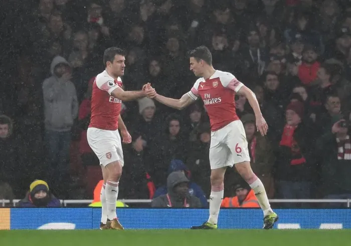 Framed Print : Arsenal's Unyielding Defensive Duo: Sokratis and Koscielny in Action against Manchester United (2018-19) Framed Print : Arsenal's Unyielding Defensive Duo: Sokratis and Koscielny in Action against Manchester United (2018-19)