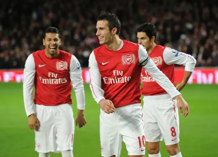 Framed Print : Arsenal's Van Persie and Santos in Action against Fulham (2011-12)