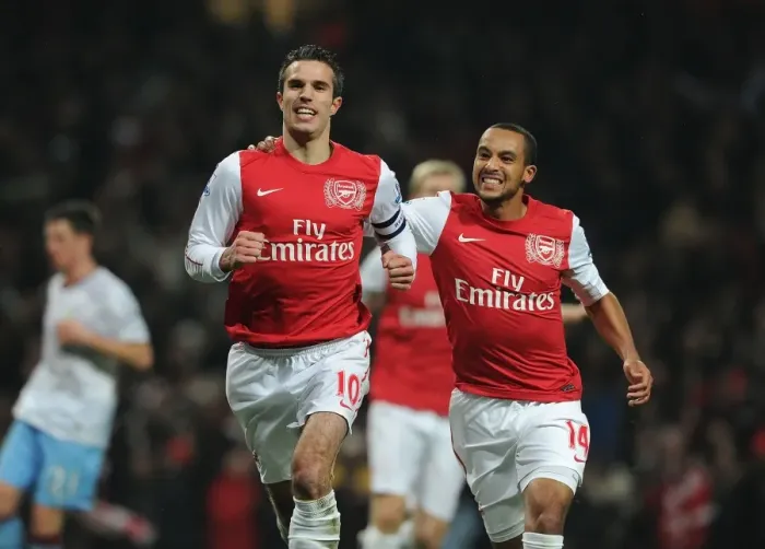 Framed Print : Arsenal's Van Persie and Walcott Celebrate FA Cup Goals Against Aston Villa