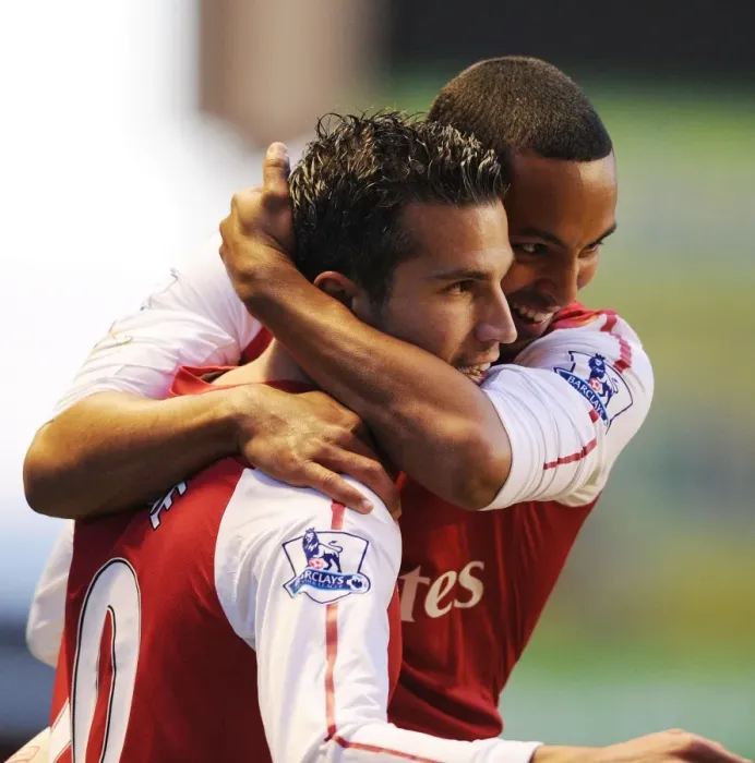 Framed Print : Arsenal's Van Persie and Walcott: Celebrating a Goal in Wolverhampton, 2012 Premier League