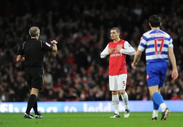 Framed Print : Arsenal's Vermaelen Booked in Arsenal vs. Queens Park Rangers (2011-12) Framed Print : Arsenal's Vermaelen Booked in Arsenal vs. Queens Park Rangers (2011-12)