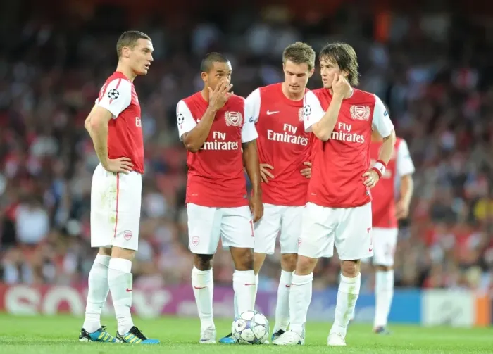 Framed Print : Arsenal's Vermaelen, Walcott, Ramsey, and Rosicky Prepare for Udinese Clash in 2011-12 Champions League