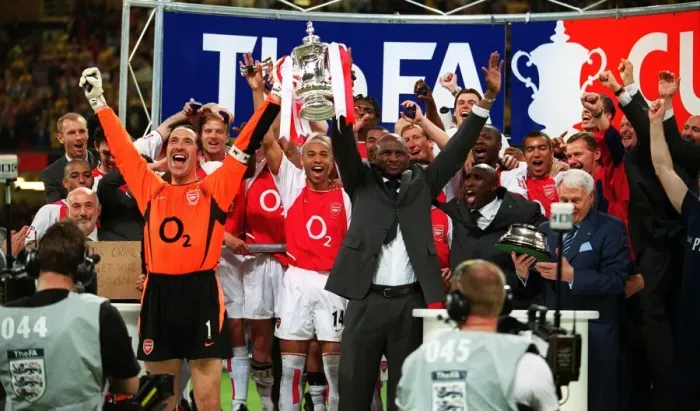 Framed Print : Arsenal's Victorious Captains: Vieira and Seaman Lift the FA Cup after 1:0 Win over Southampton, The FA Cup Final, Cardiff, Wales, 2003