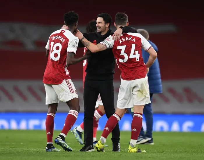 Framed Print : Arsenal's Victory: Arteta Celebrates with Partey and Xhaka Framed Print : Arsenal's Victory: Arteta Celebrates with Partey and Xhaka
