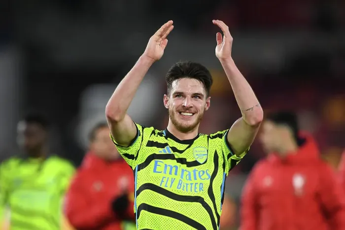 Framed Print : Arsenal's Victory at Brentford: Declan Rice Celebrates with Fans (2023-24) Framed Print : Arsenal's Victory at Brentford: Declan Rice Celebrates with Fans (2023-24)