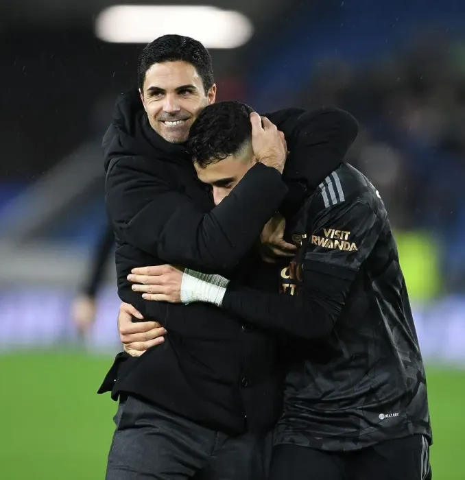 Framed Print : Arsenal's Victory at Brighton: Arteta and Martinelli Celebrate Premier League Win