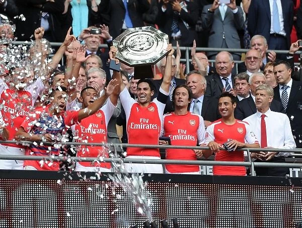 Arsenal's Victory Celebration: Mikel Arteta, Rosicky, Cazorla, Oxlade-Chamberlain, and Wenger at the FA Community Shield 2014 / 15