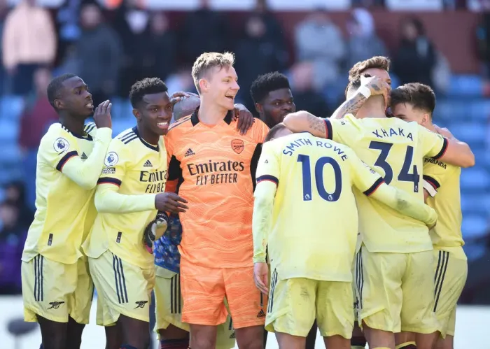 Framed Print : Arsenal's Victory Celebration: Pepe, Nketiah, Leno, Smith Rowe, and Xhaka Rejoice After Beating Aston Villa Framed Print : Arsenal's Victory Celebration: Pepe, Nketiah, Leno, Smith Rowe, and Xhaka Rejoice After Beating Aston Villa