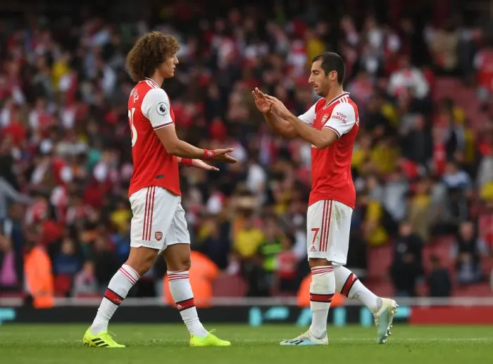 Framed Print : Arsenal's Victory: Mkhitaryan and David Luiz Celebrate Against Tottenham in the Premier League