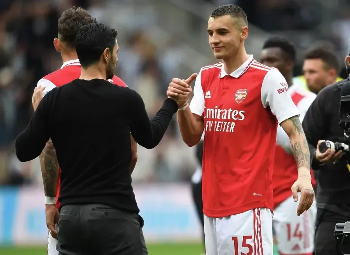 Framed Print : Arsenal's Victory at Newcastle: Mikel Arteta Congratulates Jakub Kiwior Framed Print : Arsenal's Victory at Newcastle: Mikel Arteta Congratulates Jakub Kiwior