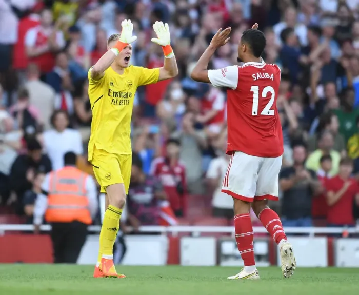 Framed Print : Arsenal's Victory: Ramsdale and Saliba Celebrate Against Fulham in 2022-23 Premier League Framed Print : Arsenal's Victory: Ramsdale and Saliba Celebrate Against Fulham in 2022-23 Premier League