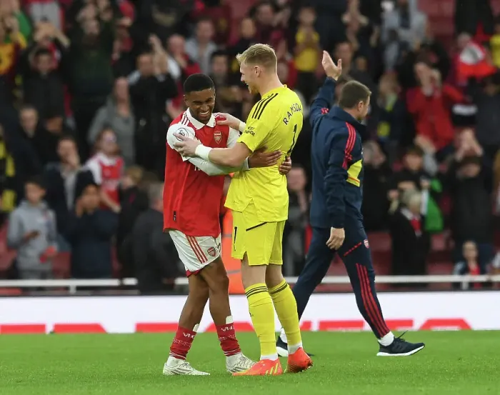 Framed Print : Arsenal's Victory: Reiss Nelson and Aaron Ramsdale Celebrate Against Nottingham Forest (2022-23) Framed Print : Arsenal's Victory: Reiss Nelson and Aaron Ramsdale Celebrate Against Nottingham Forest (2022-23)
