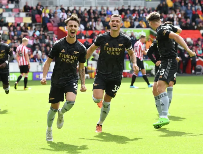 Framed Print : Arsenal's Vieira and Xhaka Celebrate Their Roles in Scoring the Third Goal Against Brentford (2022-23) Framed Print : Arsenal's Vieira and Xhaka Celebrate Their Roles in Scoring the Third Goal Against Brentford (2022-23)