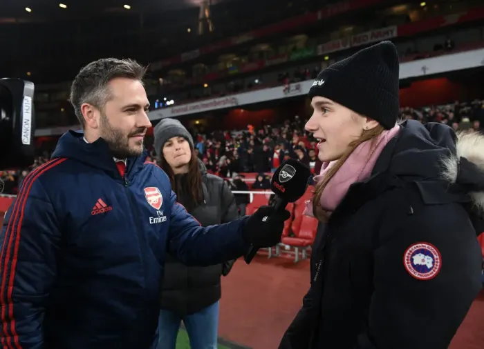 Framed Print : Arsenal's Viviane Miedema Holds Half-Time Interview Amidst Intense Arsenal vs Manchester United Clash (Premier League, 2019-20) Framed Print : Arsenal's Viviane Miedema Holds Half-Time Interview Amidst Intense Arsenal vs Manchester United Clash (Premier League, 2019-20)