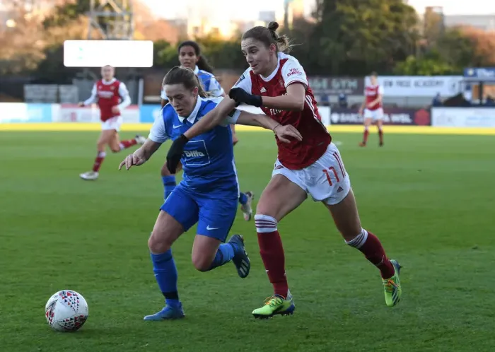 Framed Print : Arsenal's Vivianne Miedema Clashes with Birmingham's Rachel Corsie in FA WSL Match