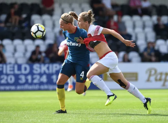 Framed Print : Arsenal's Vivianne Miedema Clashes with West Ham's Brooke Hendrix in Continental Cup Match