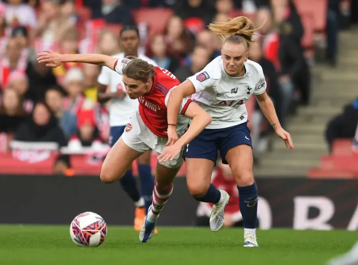 Framed Print : Arsenal's Vivianne Miedema Fouled in FA WSL Clash Against Tottenham Framed Print : Arsenal's Vivianne Miedema Fouled in FA WSL Clash Against Tottenham