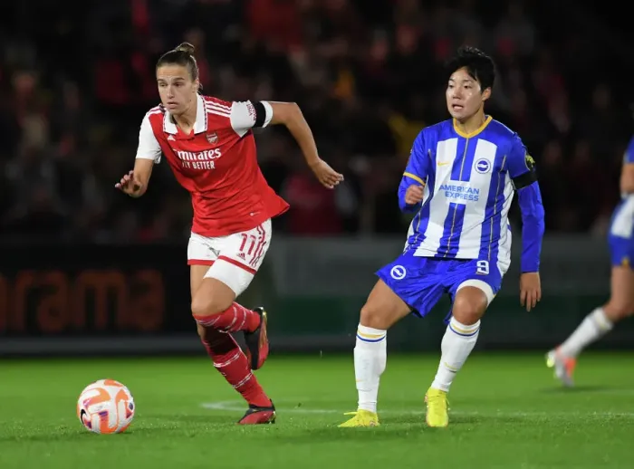 Framed Print : Arsenal's Vivianne Miedema vs. Brighton's Geummin Lee: A Battle of WSL Stars in the Arsenal Women vs. Brighton & Hove Albion Women Showdown Framed Print : Arsenal's Vivianne Miedema vs. Brighton's Geummin Lee: A Battle of WSL Stars in the Arsenal Women vs. Brighton & Hove Albion Women Showdown