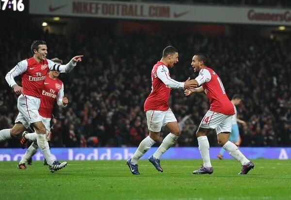 Arsenal's Walcott, Oxlade-Chamberlain, and van Persie Celebrate Goals in FA Cup Match vs. Aston Villa