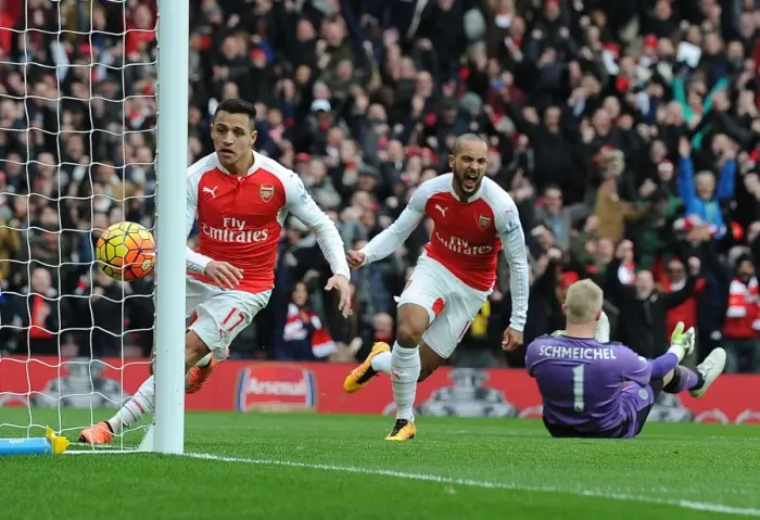 Framed Print : Arsenal's Walcott and Sanchez Celebrate First Goal Against Leicester City (2015-16) Framed Print : Arsenal's Walcott and Sanchez Celebrate First Goal Against Leicester City (2015-16)