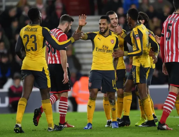 Framed Print : Arsenal's Walcott and Welbeck Celebrate Third Goal vs Southampton in FA Cup 2016-17
