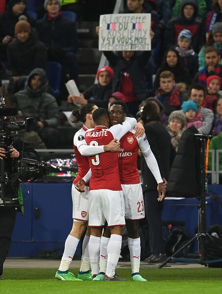 Arsenal's Welbeck, Bellerin, and Lacazette Celebrate Goals in Europa League Quarterfinal vs. CSKA Moscow