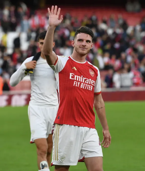 Framed Print : Arsenal's Welcome: Rice Greets Fans After Arsenal FC vs AS Monaco Emirates Cup Match, 2023