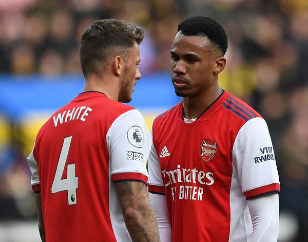 Arsenal's White and Magalhaes in Action against Watford (Premier League 2021-22)