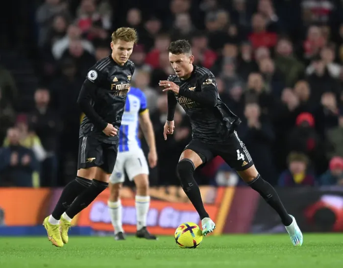 Framed Print : Arsenal's White and Odegaard in Action against Brighton in the Premier League (2022-23)