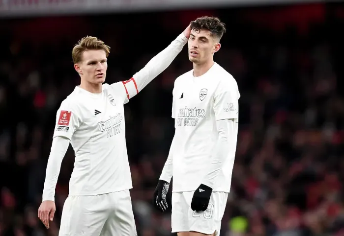 Framed Print : Arsenal's White Out: Uniting Against Knife Crime - Arsenal vs. Liverpool FA Cup Match, 2023-24: Martin Odegaard and Kai Havertz's Interaction Amidst All-White Kits for No More Red Campaign